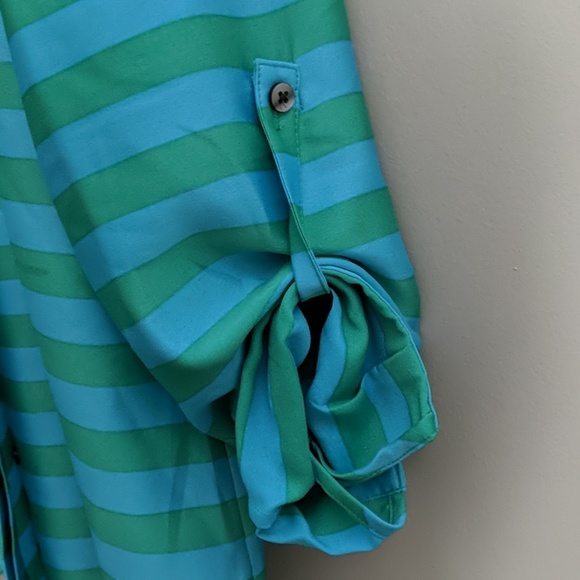 Ann Taylor Blue Green Striped Camp Shirt - Picture 2 of 4